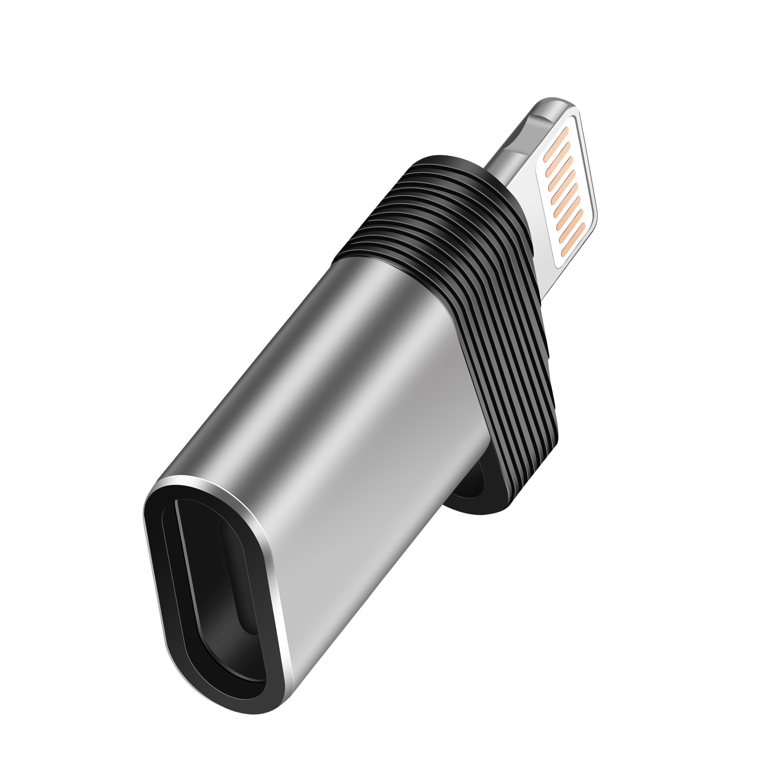 Un adattatore da Lightning a USB-C argentato con collo nero scanalato.