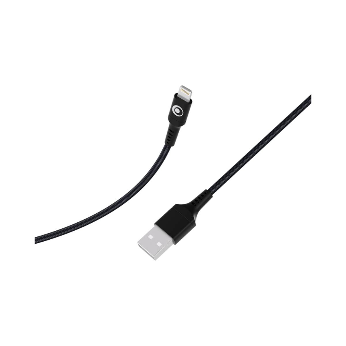 Un câble USB-A vers Lightning noir à texture tressée est montré sur fond blanc.