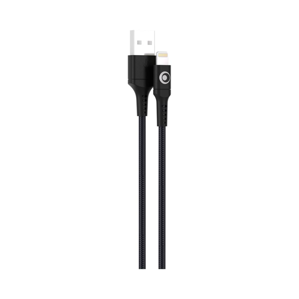 Câble noir USB-A vers Lightning avec cordon tressé et détails de connecteur argentés.