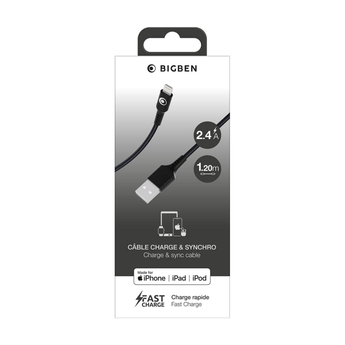 Câble de charge BIGBEN, 2.4A, longueur 1.20m, pour iPhone, iPad, iPod.
