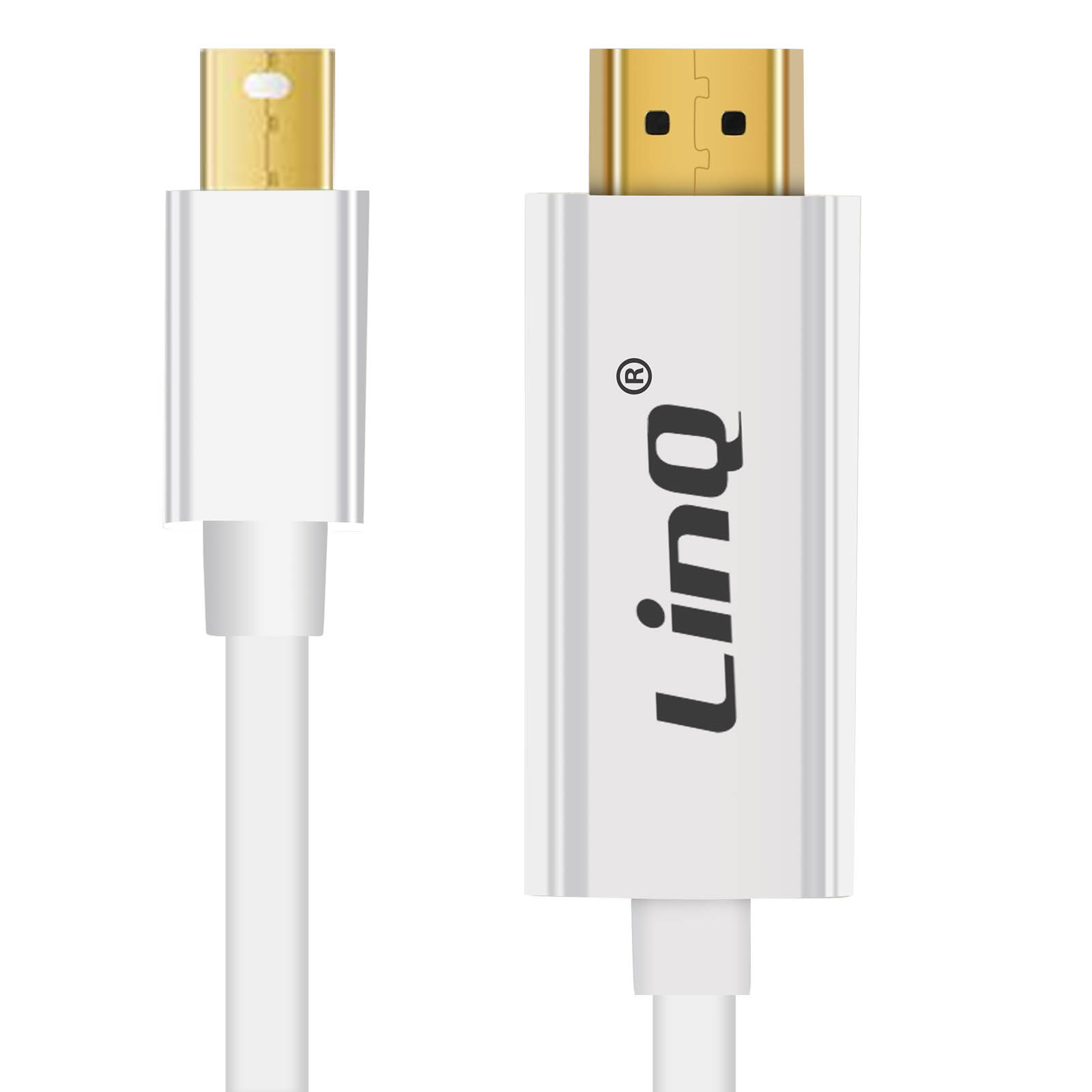 Due cavi bianchi con connettori dorati. Uno ha un logo Linq. Sfondo bianco.