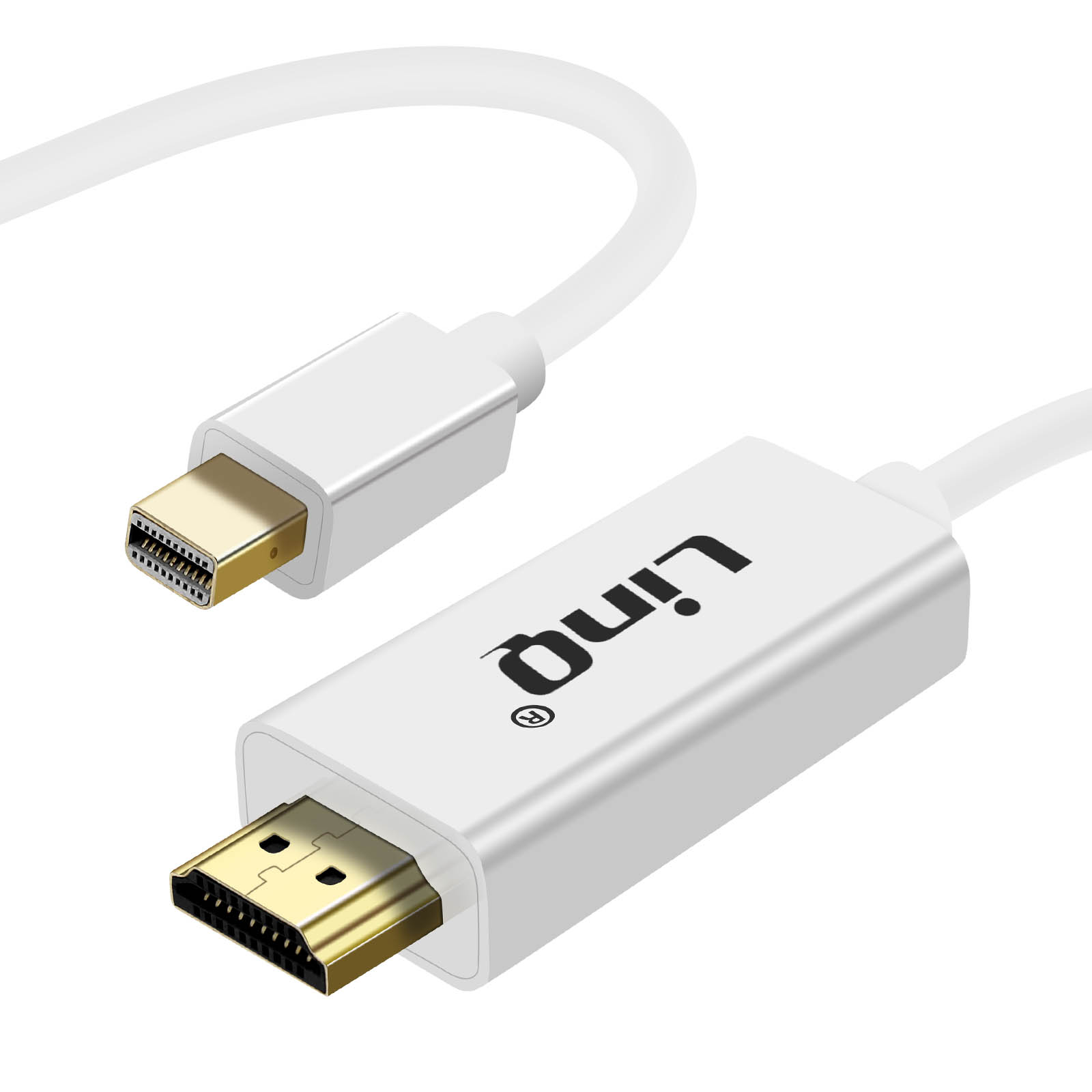 Un cavo bianco con connettori dorati: Mini DisplayPort e HDMI. Logo 'Linq' visibile.