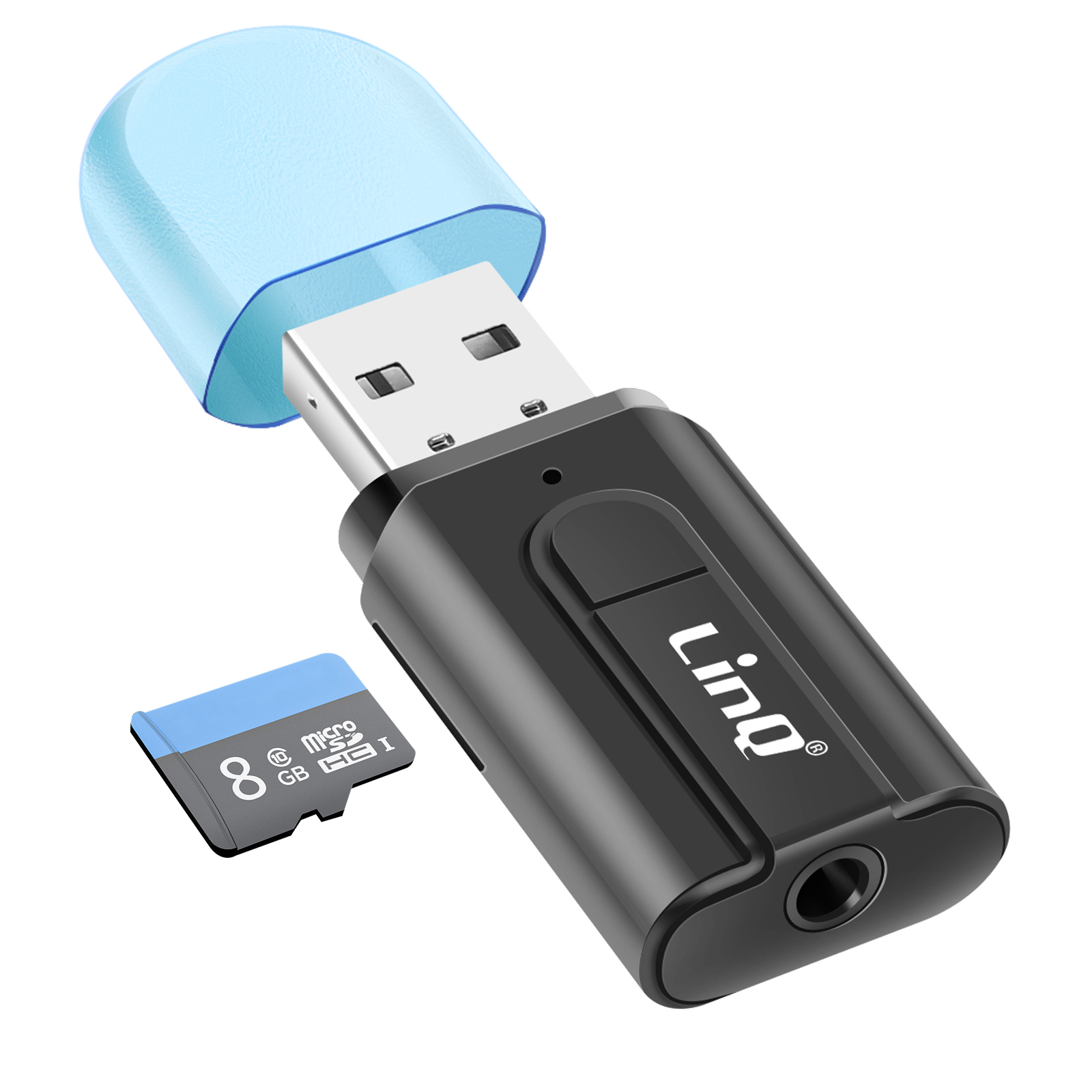 Un adattatore USB nero con cappuccio blu e una scheda Micro SD da 8 GB.