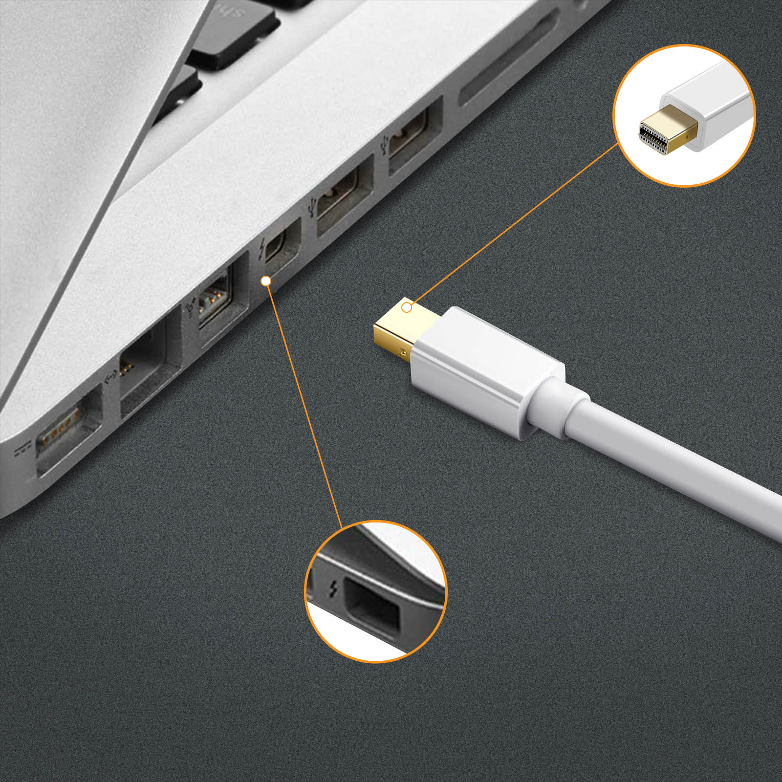 Un cavo Thunderbolt bianco è collegato a un laptop.