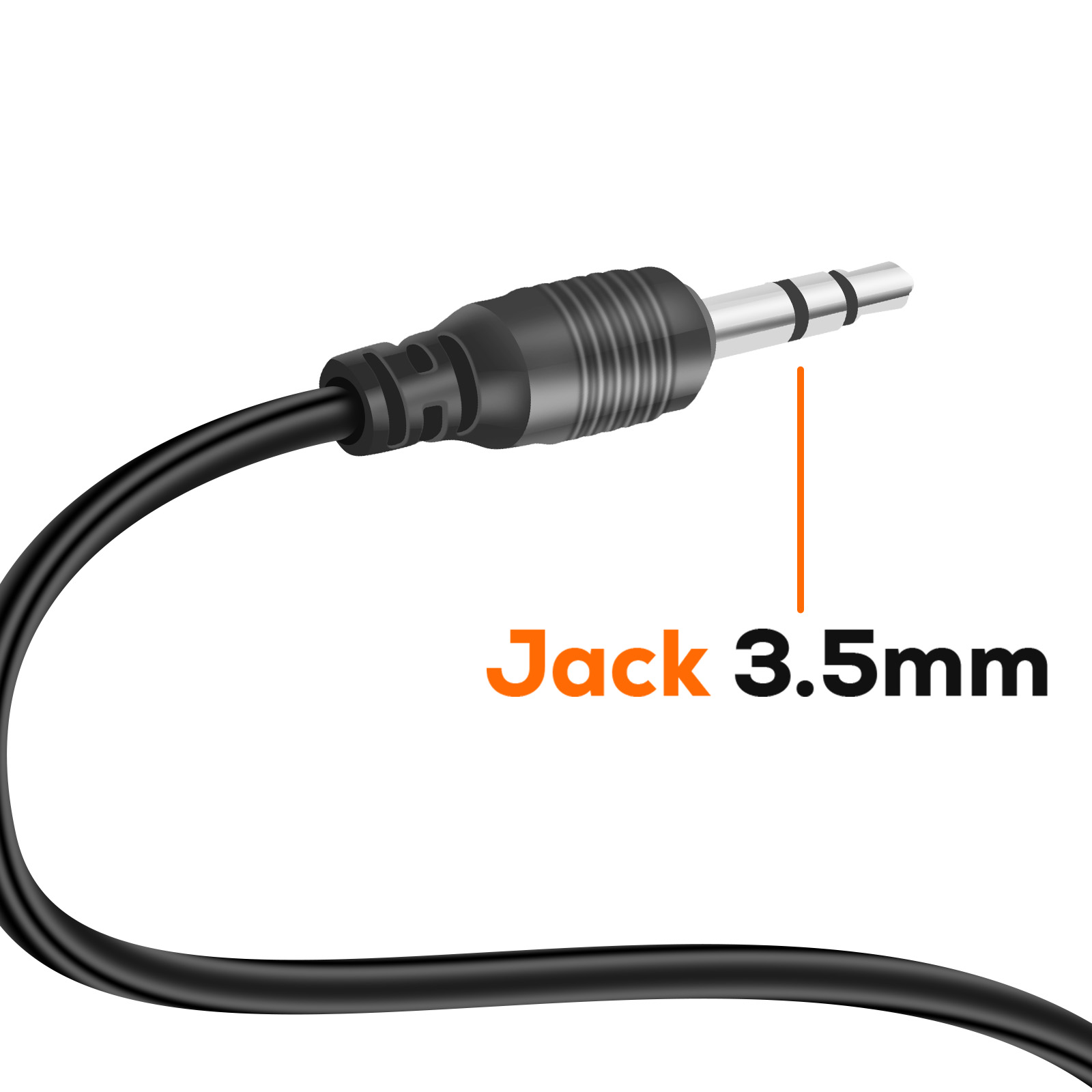 Un connettore jack audio nero da 3,5 mm con cavo su sfondo bianco.