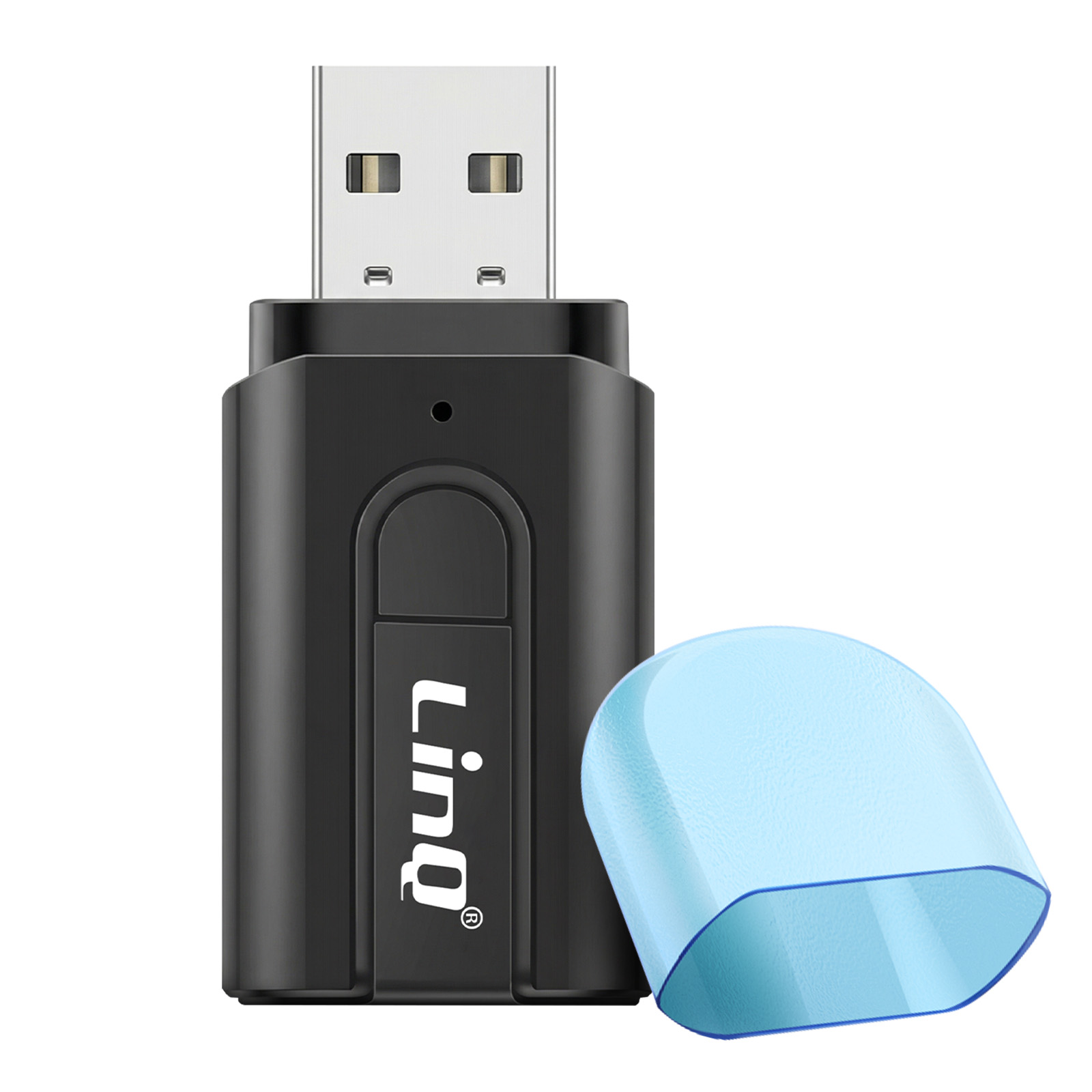 Adattatore USB nero con cappuccio blu. L'adattatore ha il logo 'Linq'.