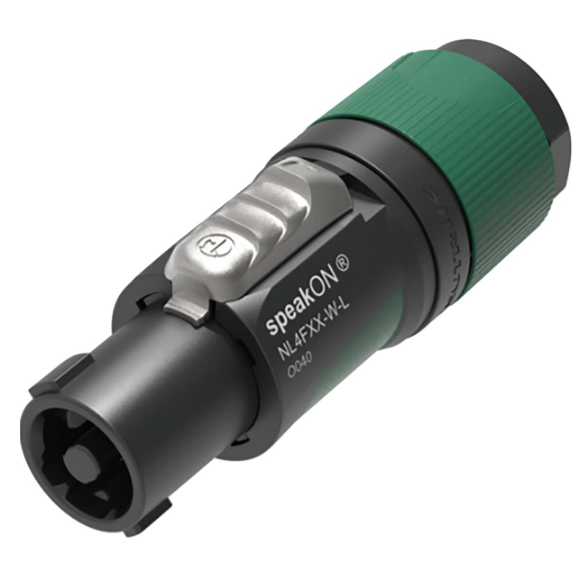 Connettore speakON nero e verde con leva di blocco argentata, modello NL4FXX-W-L.