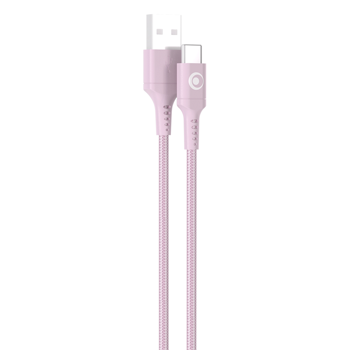 Un cavo da USB-C a USB-A rosa con design intrecciato su sfondo bianco.
