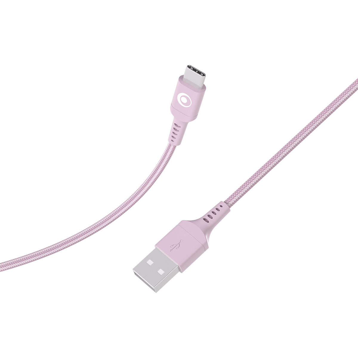 Un cavo USB-A a USB-C rosa con cavo intrecciato e connettori argentati.
