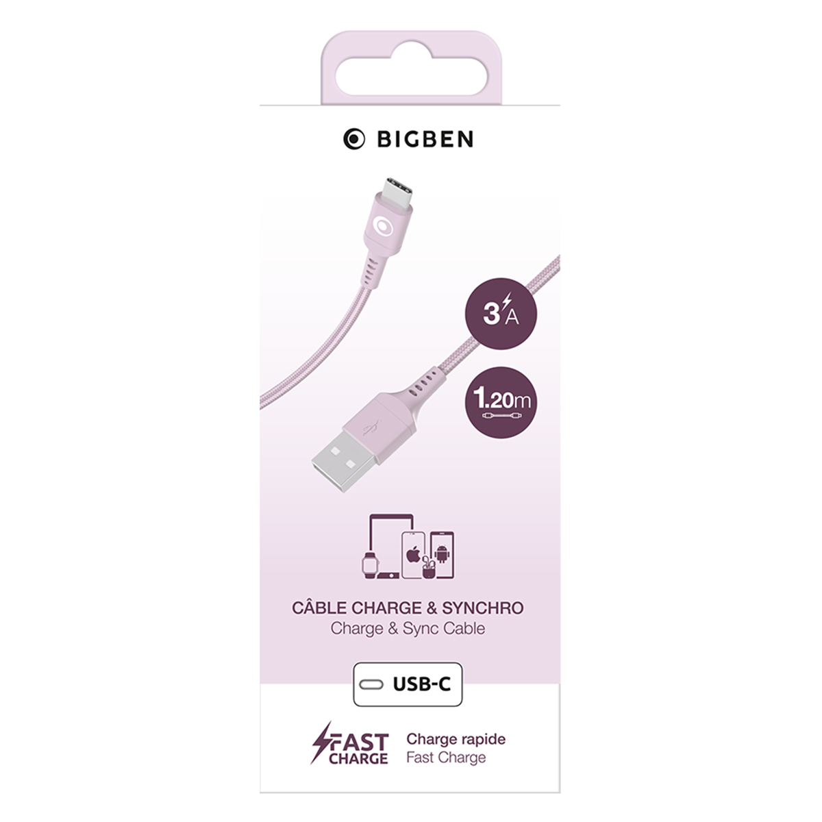 Cavo USB-C Bigben, 1,20m, ricarica rapida 3A. Cavo intrecciato rosa per telefoni.