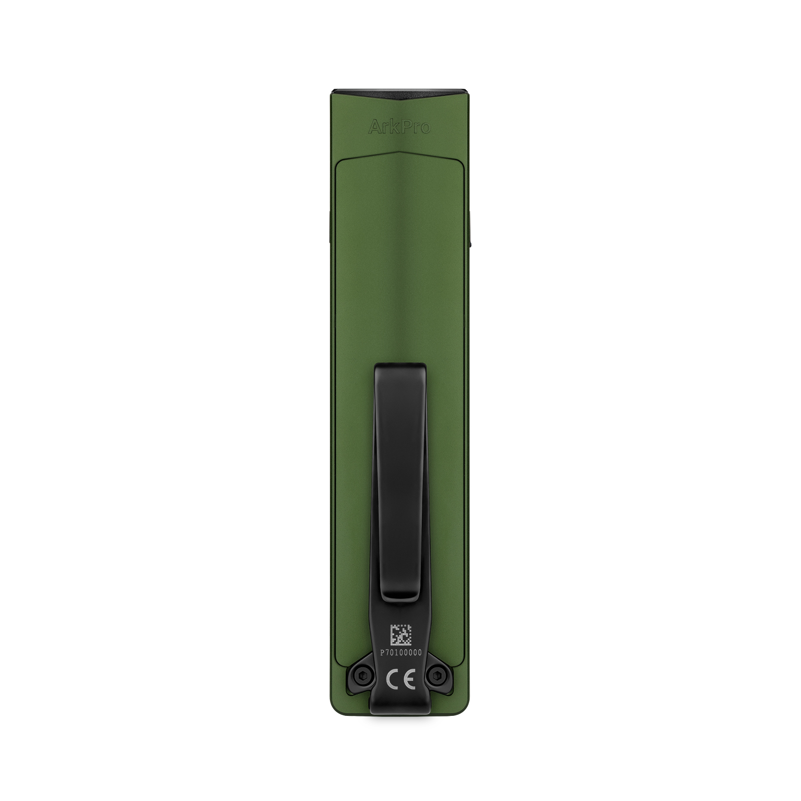 Dispositivo ArkPro verde con clip nero, numero di serie e marchio CE.