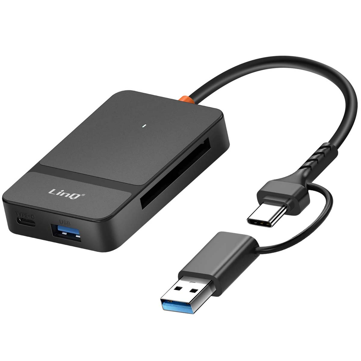 Hub USB-C nero con porte USB-A, USB-C e slot per schede SD.