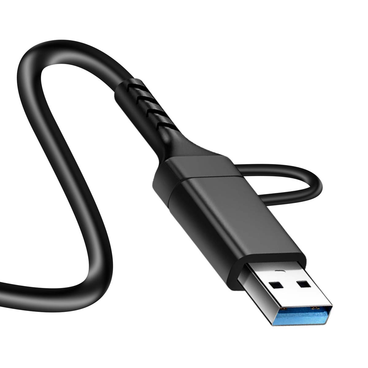 Un cavo USB nero con connettore accentuato di blu è mostrato su sfondo bianco.