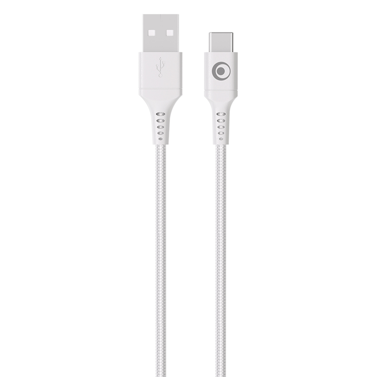Cavo USB-A a USB-C bianco con cordone intrecciato. Entrambi i connettori sono bianchi con logo.