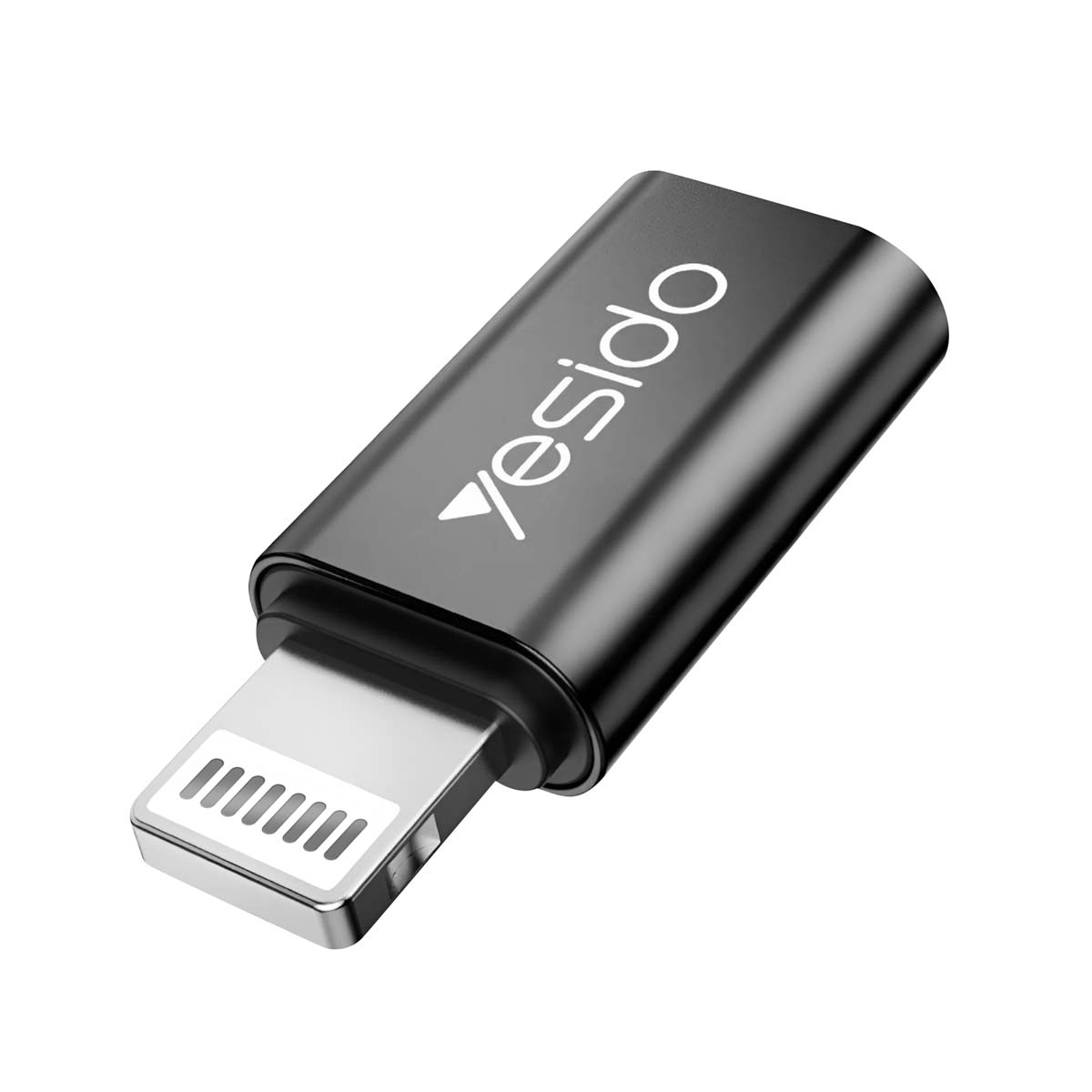 Un adattatore nero con logo Yesido e connettore Lightning argentato.