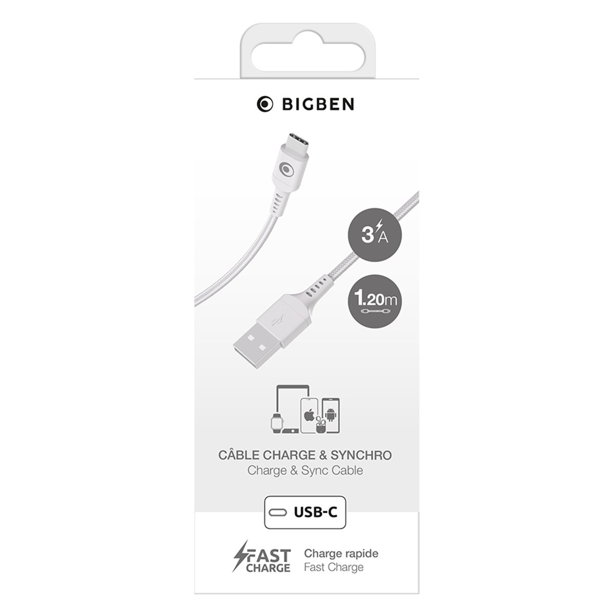 La confezione del cavo USB-C Bigben mostra un cavo bianco con ricarica rapida da 3A e 1,20m.