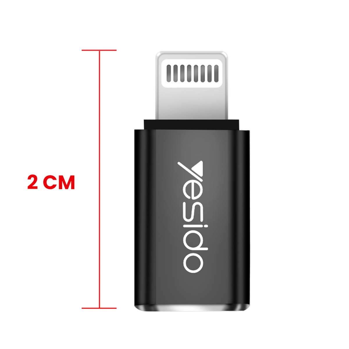 Un adattatore Yesido nero con connettore lightning, lungo 2 cm.