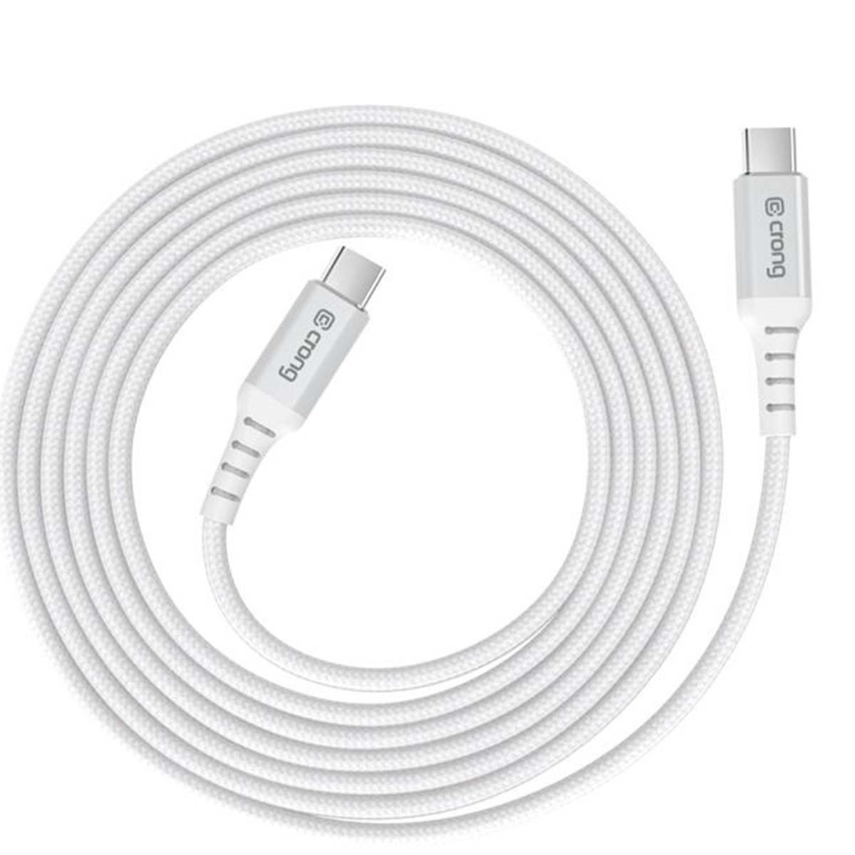 Un cavo USB-C bianco arrotolato con connettori argentati, marca 'crong'.
