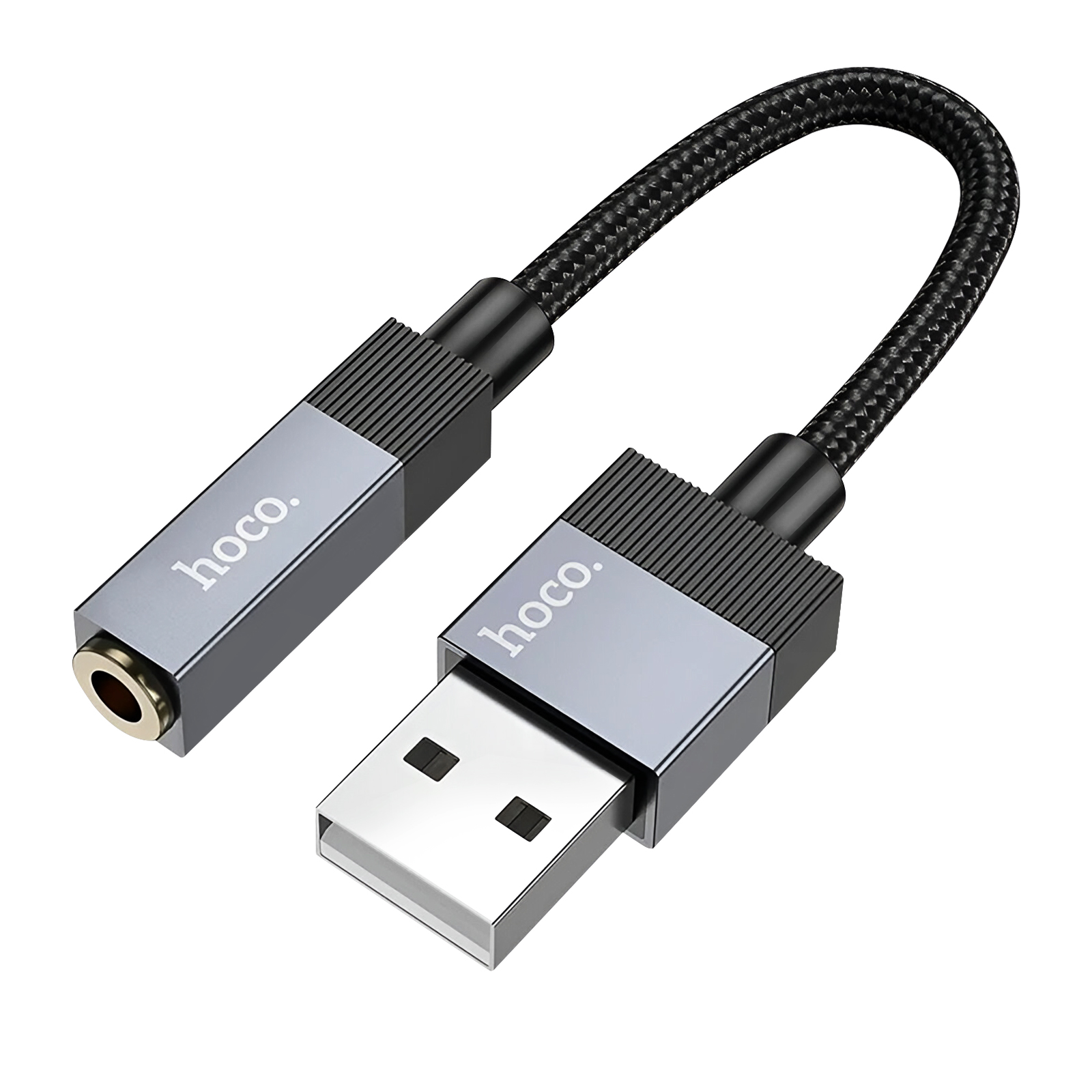 Un cavo nero con spina USB-A e jack da 3,5 mm, marca Hoco.
