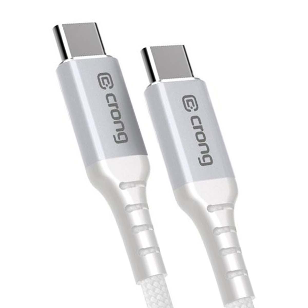 Due cavi USB-C bianchi con connettori argentati e logo 'crong'.