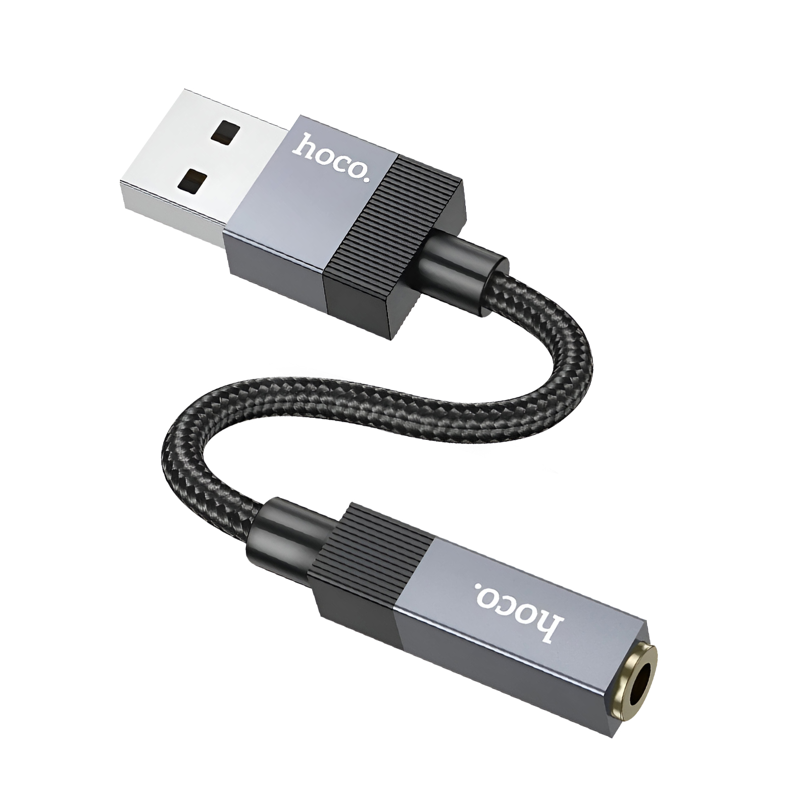 Un cavo adattatore audio USB a 3,5 mm Hoco grigio con cavo intrecciato.