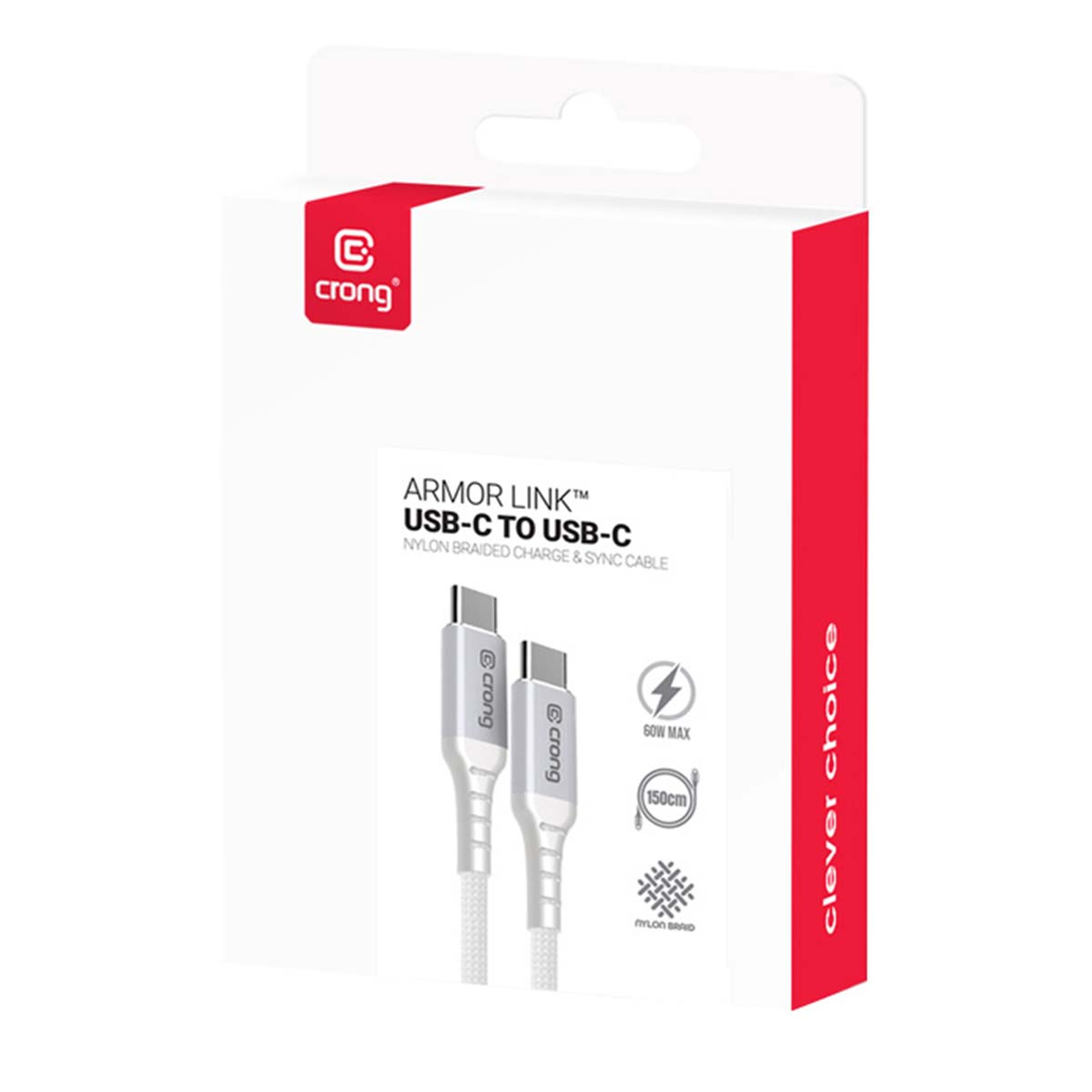 Confezione cavo USB-C a USB-C Crong. Caratteristiche 60W max, 150cm, treccia nylon.