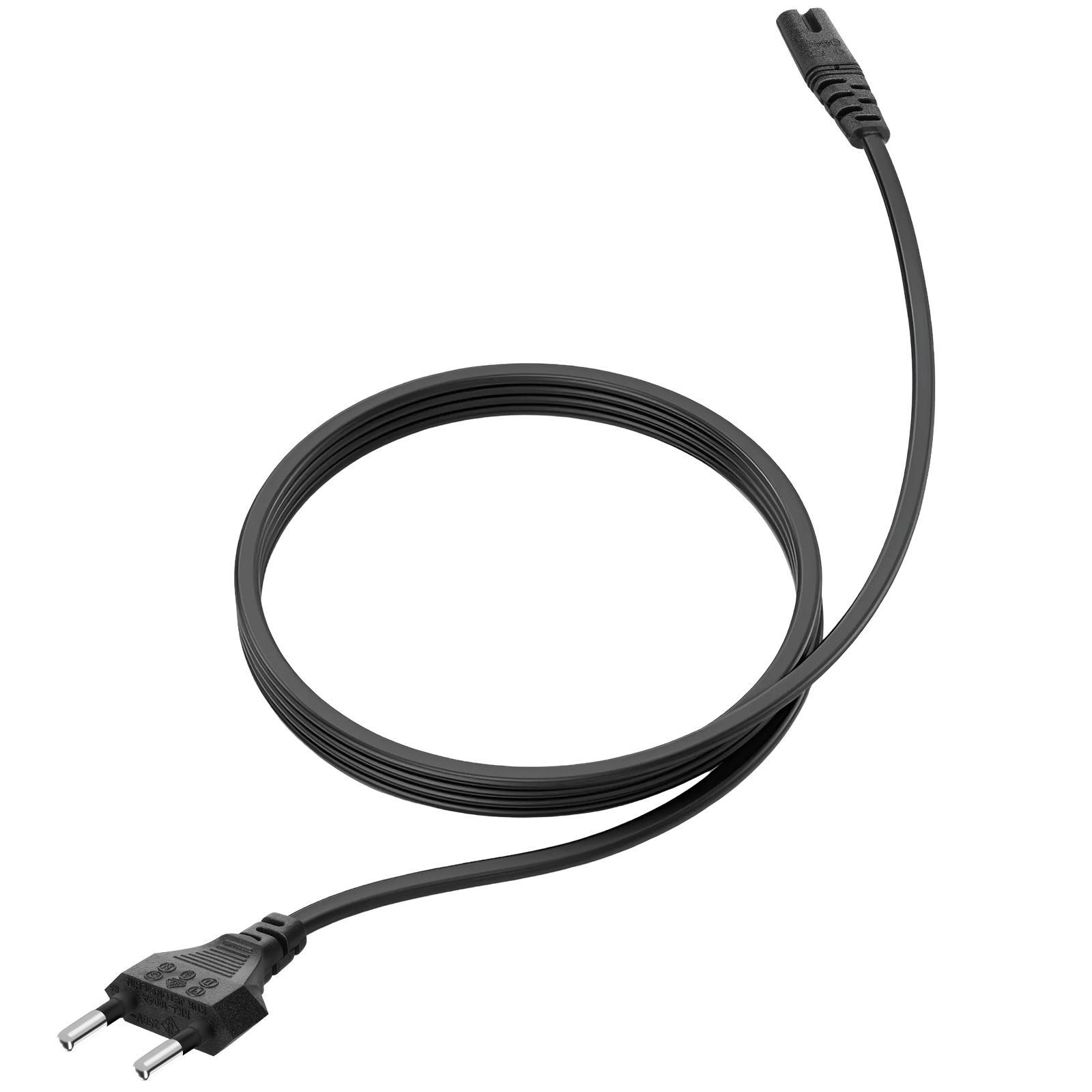Un cavo di alimentazione nero con spina europea e connettore C7, avvolto su sfondo bianco.