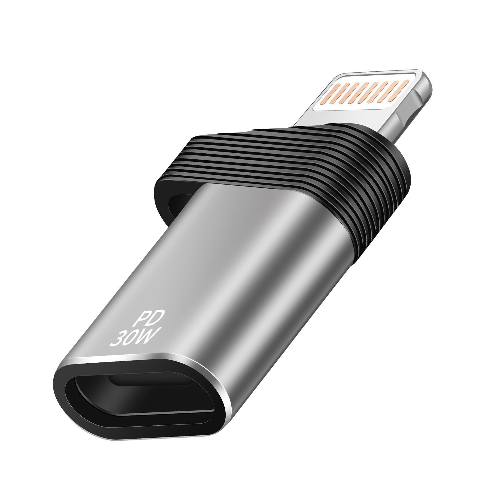 Adattatore USB-C a Lightning argentato con testo PD 30W. Impugnatura nera a coste.