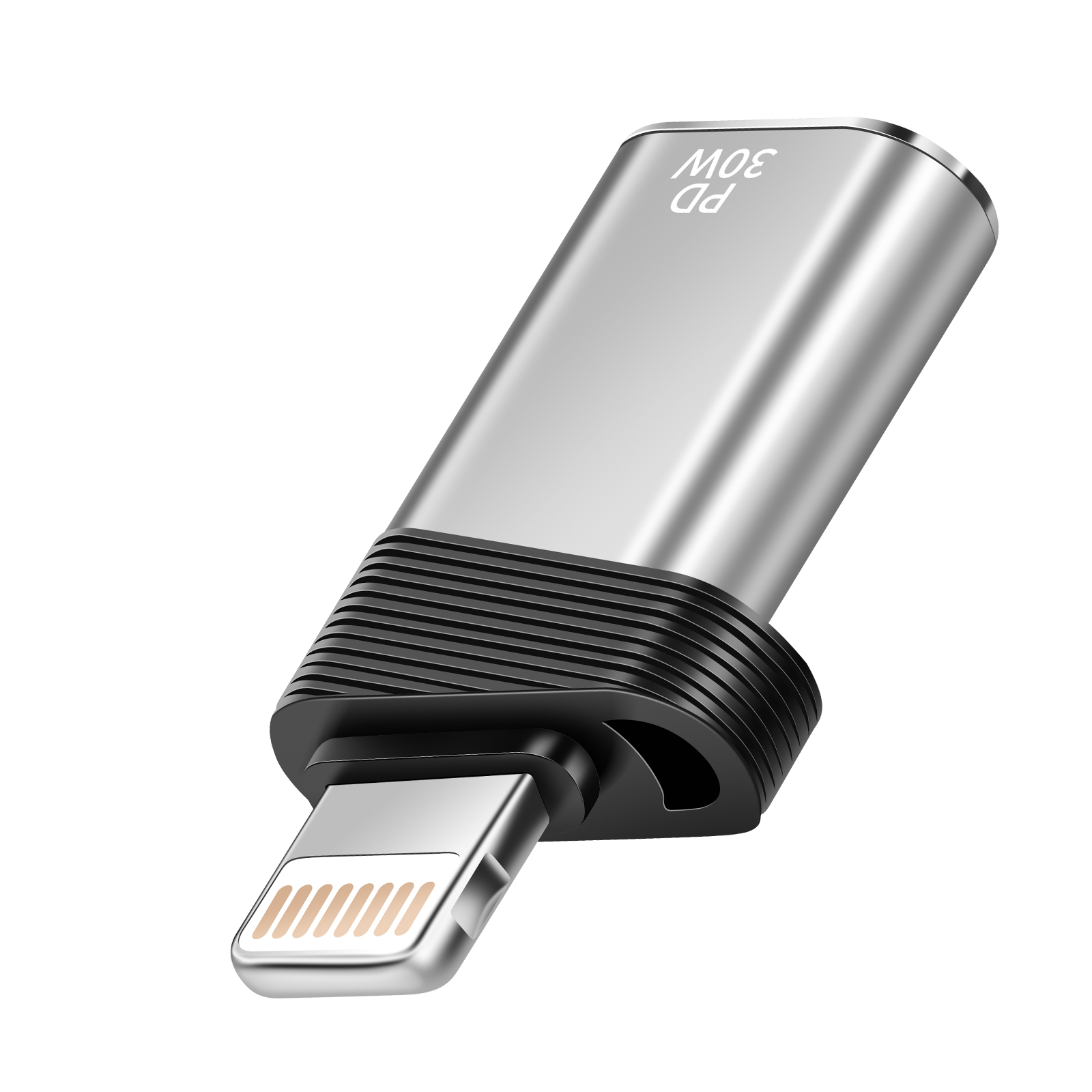 Un adattatore Lightning argentato con bordo nero e scritta 30W PD.