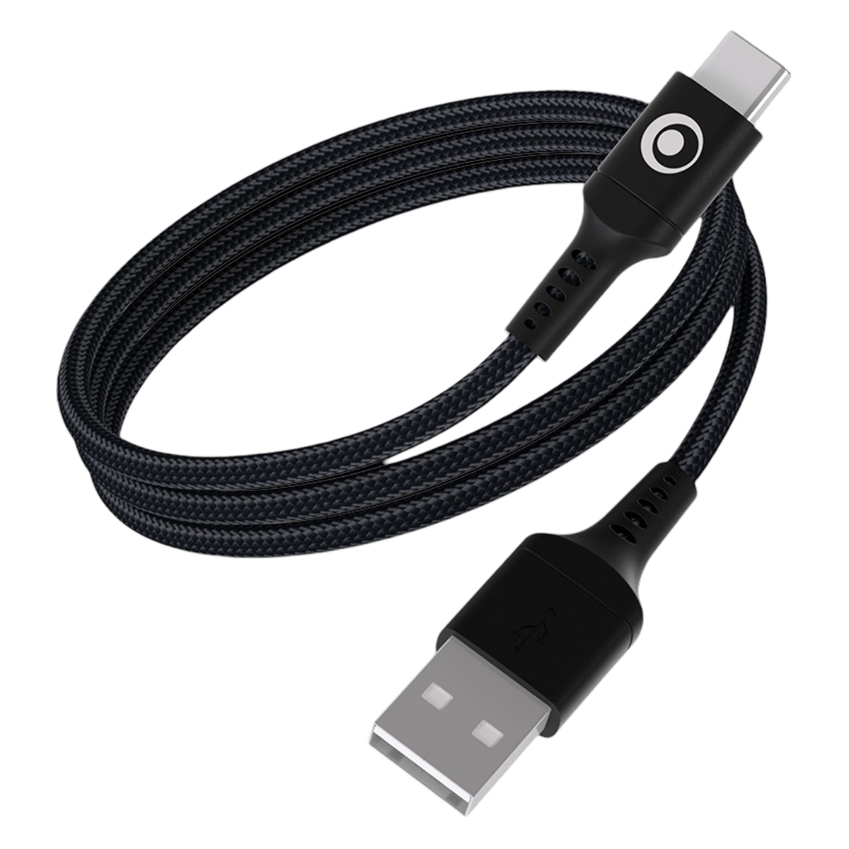 Un cavo di ricarica USB-C a USB-A intrecciato nero arrotolato su sfondo bianco.