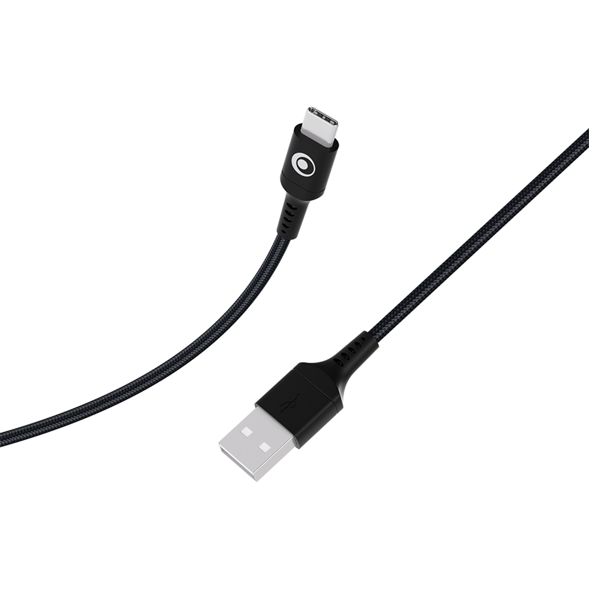 Cavo USB-C e USB-A nero con cordone intrecciato su sfondo bianco.