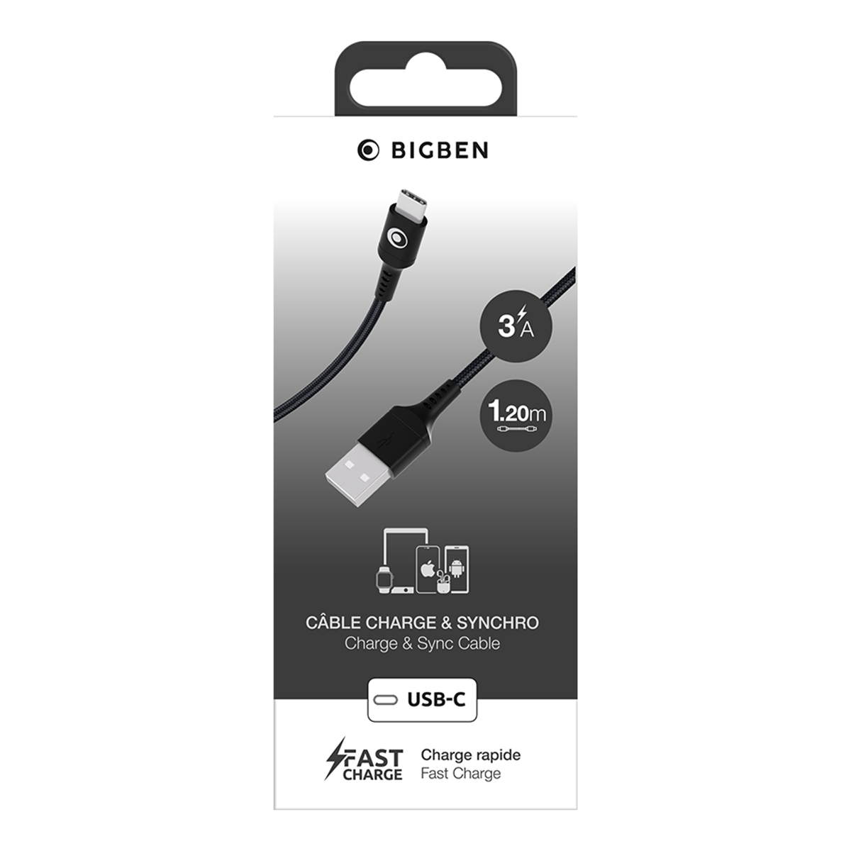 Cavo BIGBEN USB-C, 1.20m, 3A, ricarica rapida.