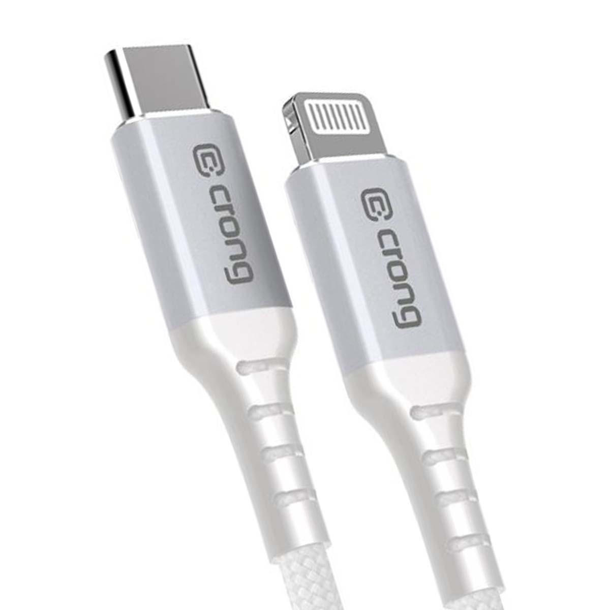 Deux câbles de chargement blancs avec connecteurs USB-C et Lightning, tous deux marqués 'crong'.