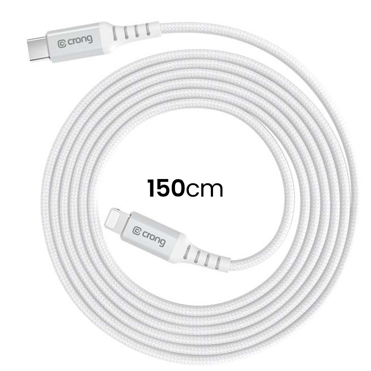 Câble de chargement blanc avec connecteurs USB-C et Lightning, 150 cm.