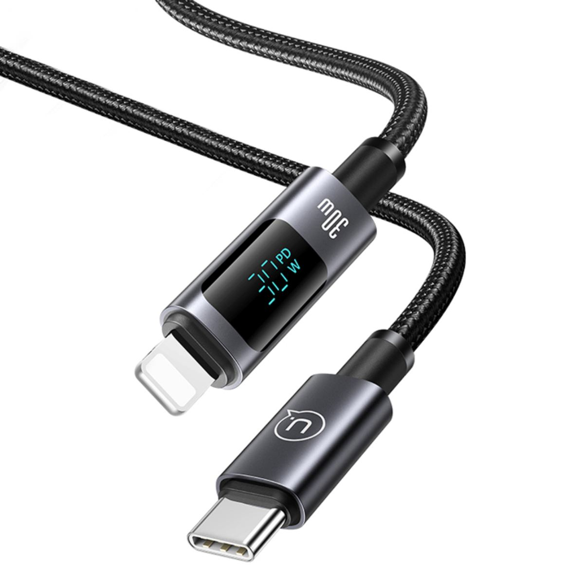 Câble tressé noir avec connecteurs USB-C et Lightning, écran numérique affiche 30W.