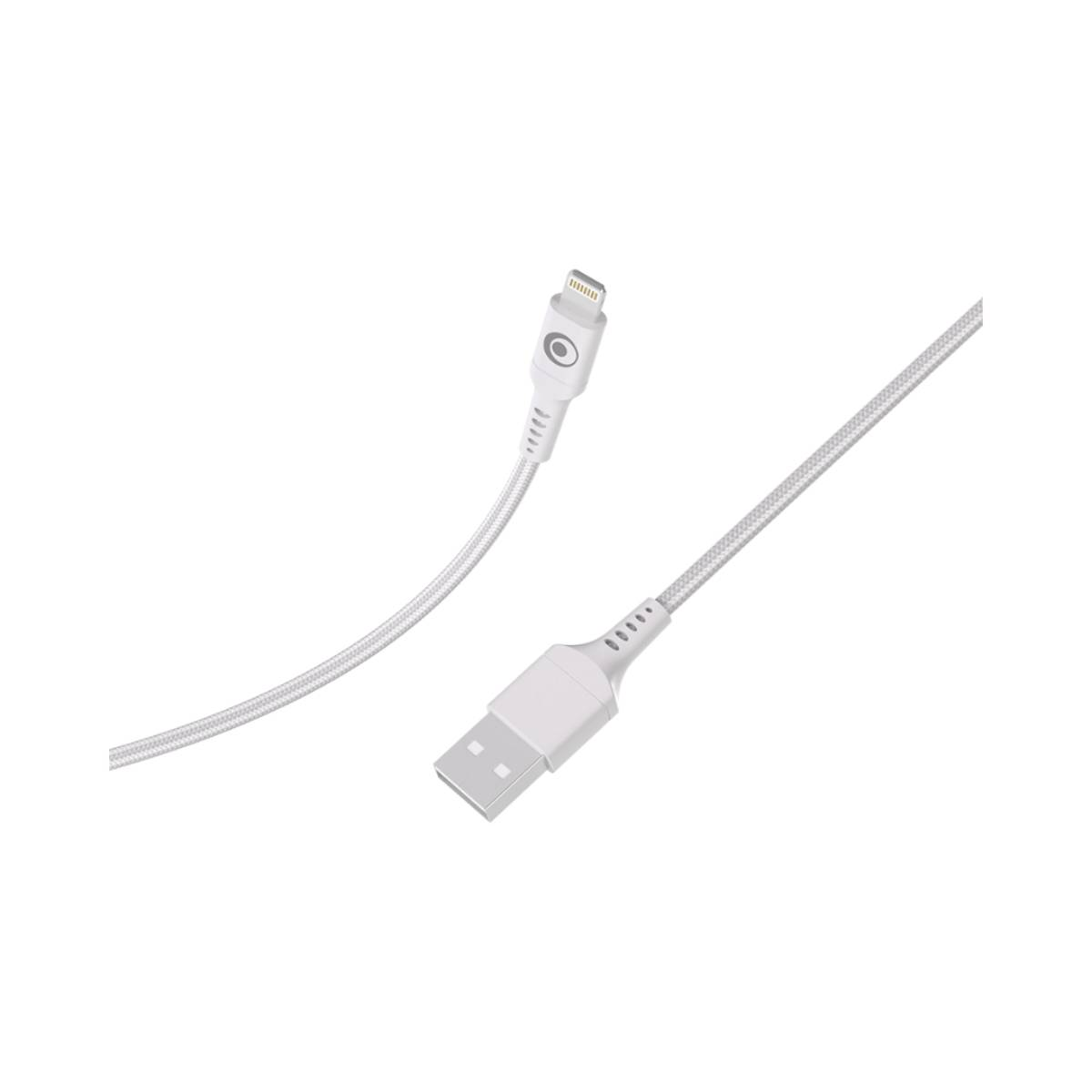 Un câble USB-A vers Lightning blanc avec cordon tressé est montré sur fond blanc.