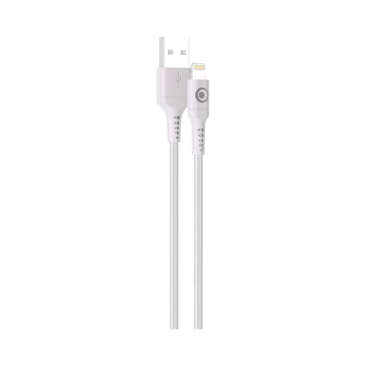 Câble blanc USB vers Lightning avec cordon tressé et broches argentées.