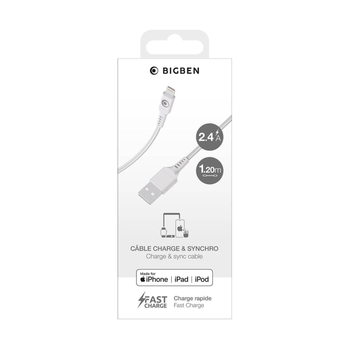 Emballage de câble de chargement BIGBEN avec spécifications 2.4A et 1.20m, pour iPhone, iPad, iPod.