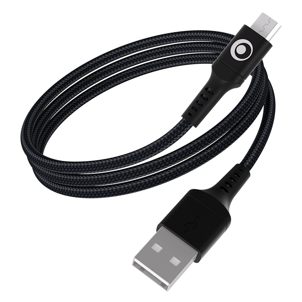 Cavo di ricarica USB-C intrecciato nero con connettore USB-A e logo.