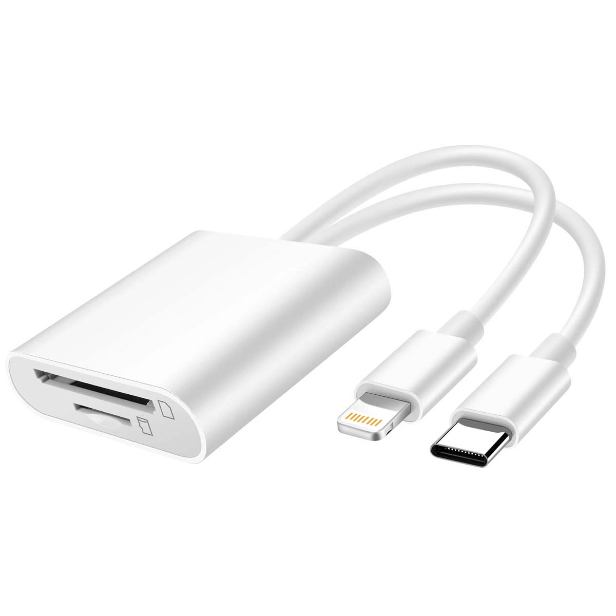 Adattatore lettore di schede bianco con connettori USB-C e Lightning.