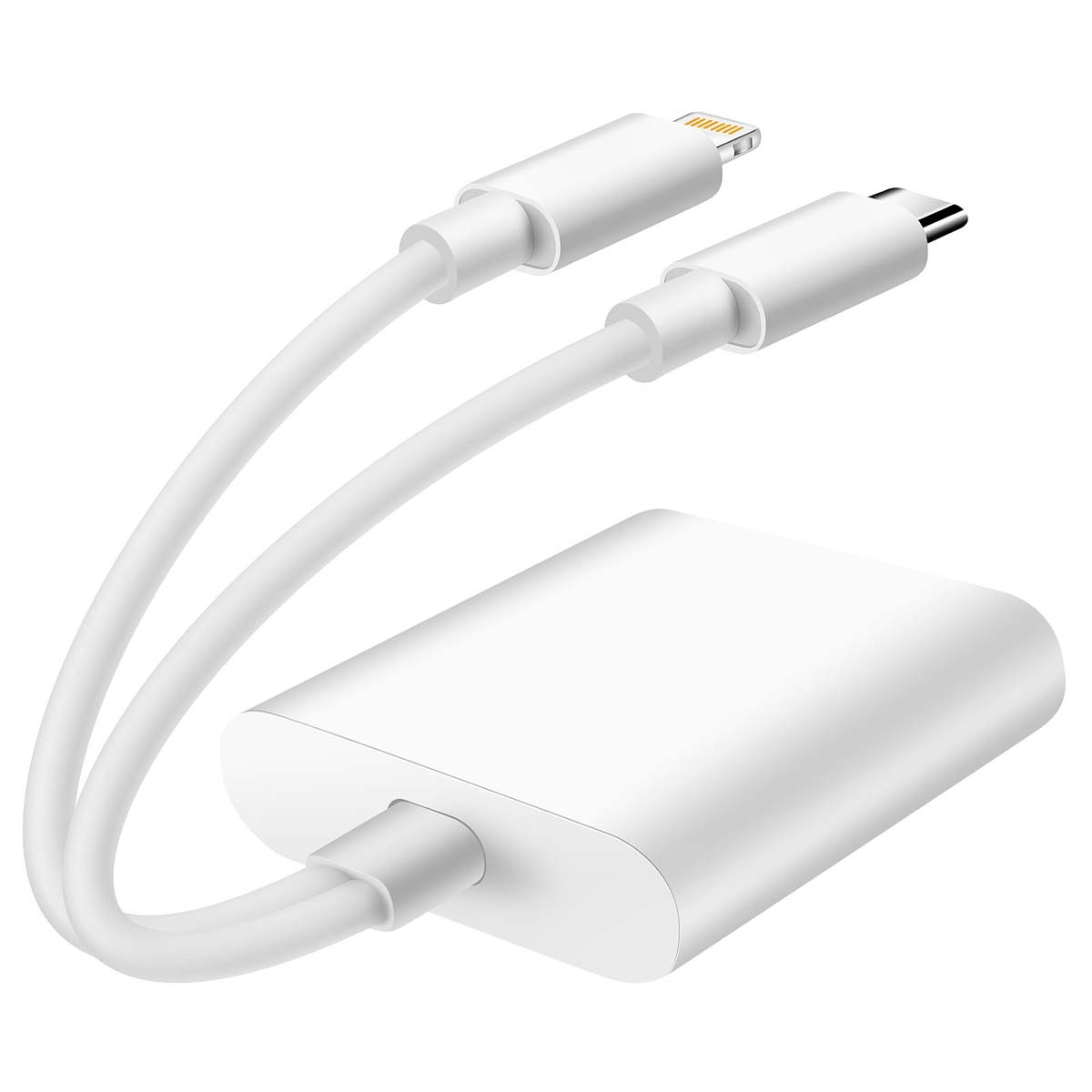 Un cavo di ricarica bianco con due connettori: Lightning e USB-C.