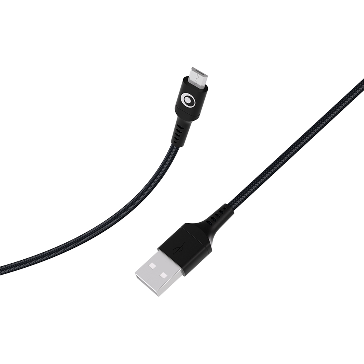 Un cavo USB nero con connettori USB-A e Micro-USB su sfondo bianco.
