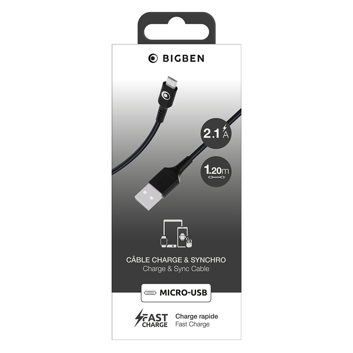 Confezione di un cavo Micro-USB BIGBEN nero, 1,20m, 2.1A, ricarica rapida.