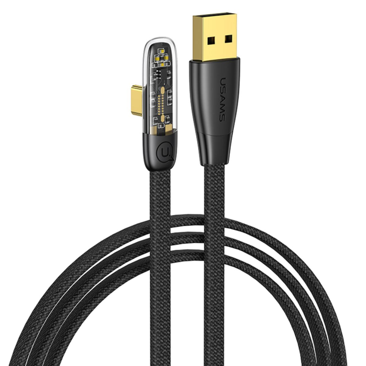 Cavo USB intrecciato nero con connettore USB-A dorato e connettore trasparente angolato che mostra i circuiti.