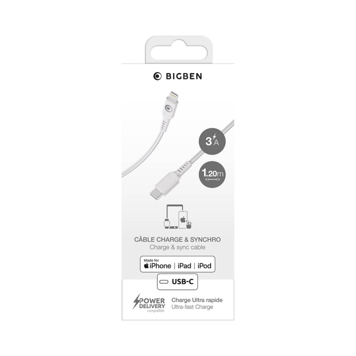 Câble BIGBEN blanc USB-C vers Lightning, 3A, 1,20m, pour iPhone, iPad, iPod.