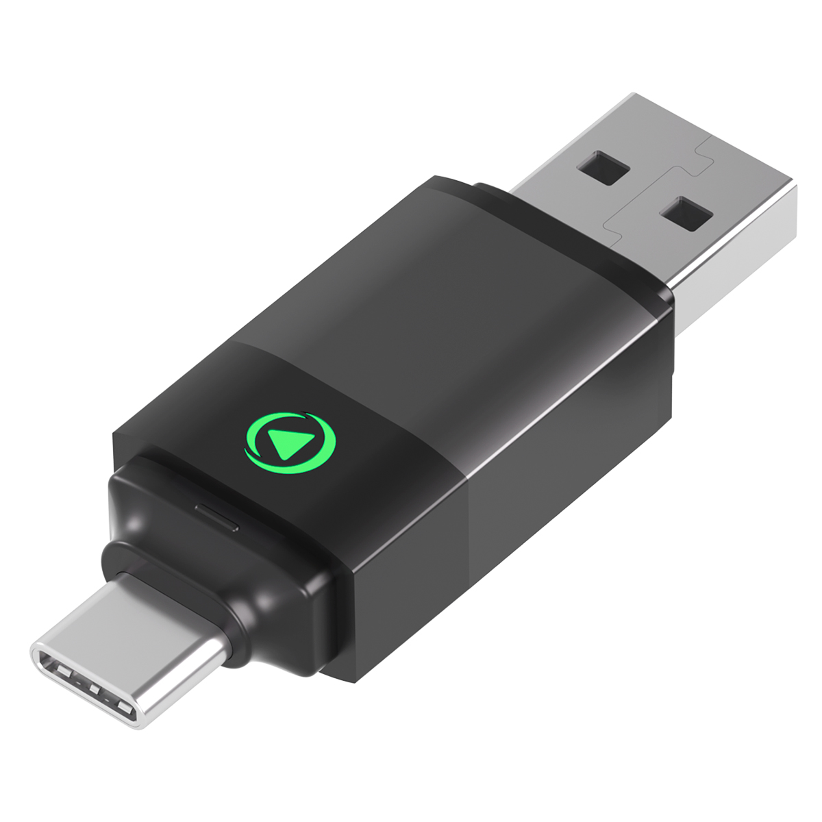 Adattatore USB-C a USB-A nero con logo tasto play verde.