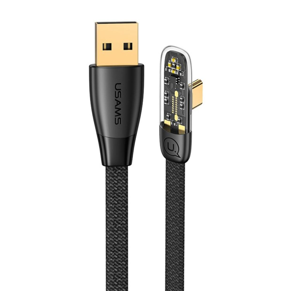 Cavo USB-A a USB-C USAMS nero con connettori dorati e circuito visibile.