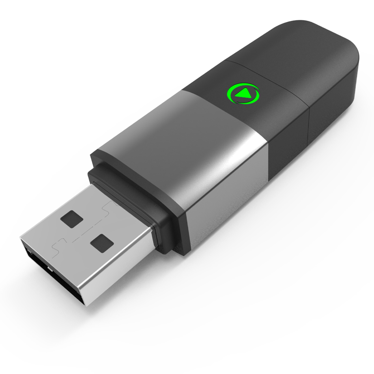 Una chiavetta USB nera con punta argentata e icona verde del pulsante play.