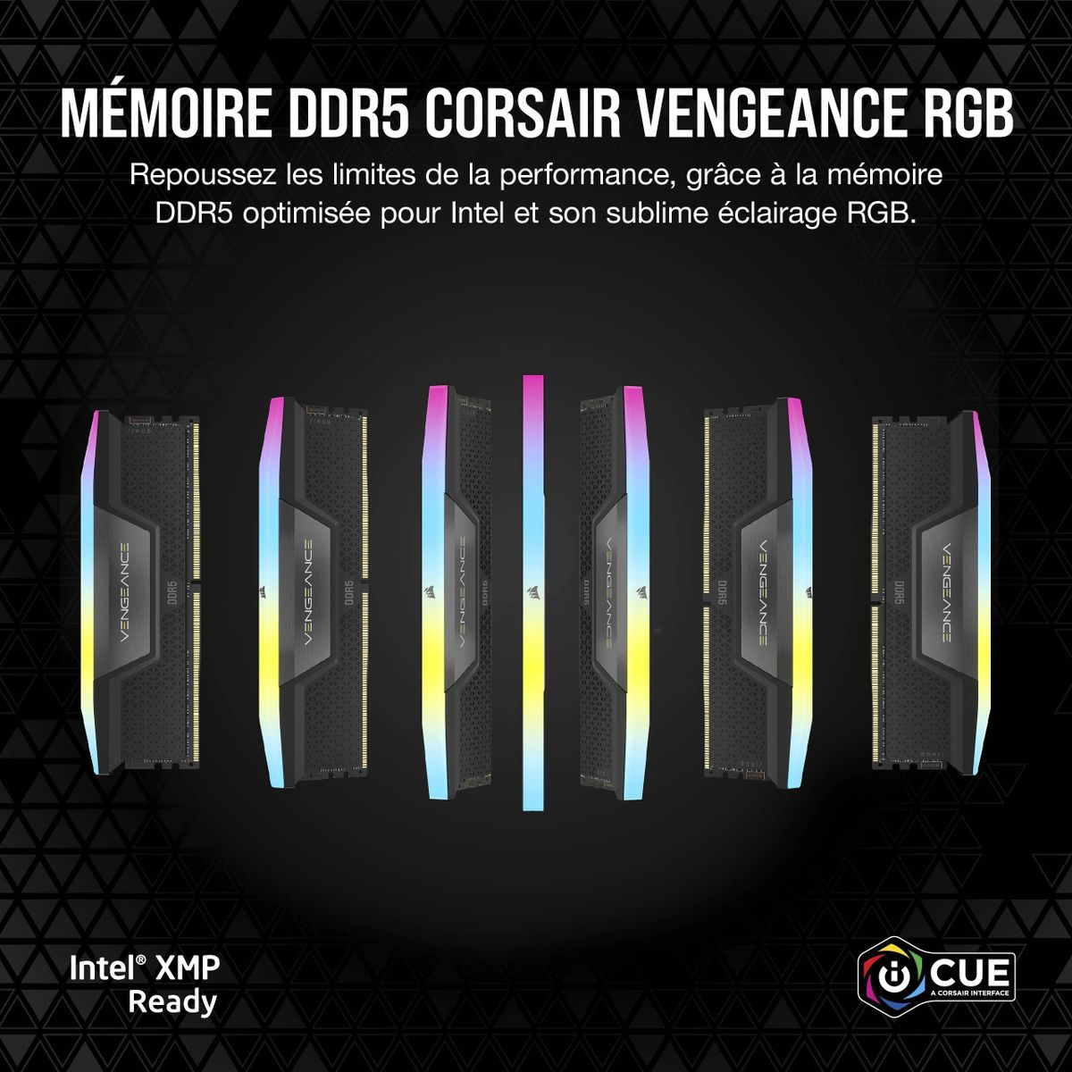 Sześć modułów RAM Corsair Vengeance RGB DDR5 z kolorowym podświetleniem.