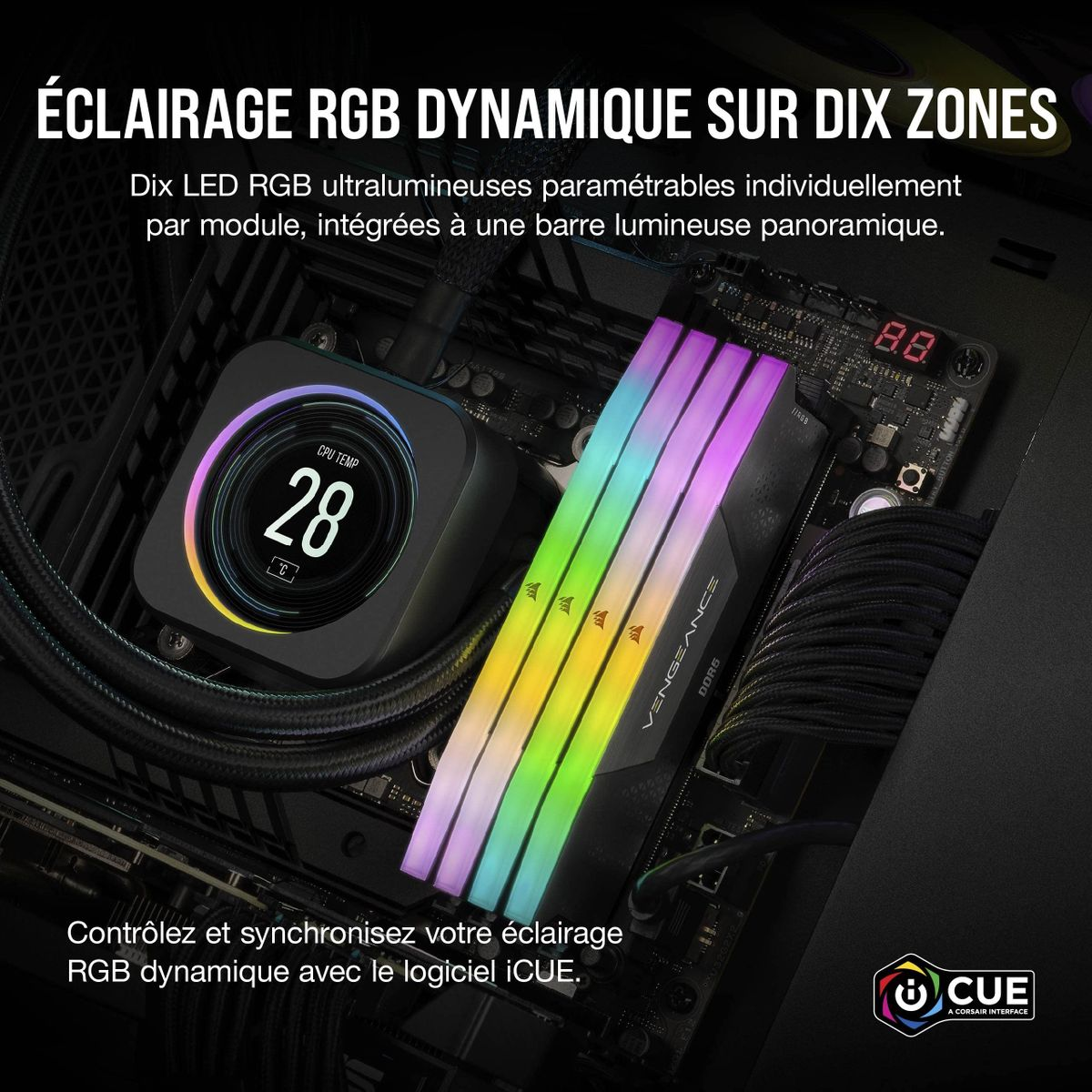 Chłodzenie procesora komputera i moduły RAM z dynamicznym podświetleniem RGB.